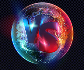 Versus logo, vs letters for sports and fight competition. Battle vs match, game concept competitive. Resistance symbol. Collision of two forces, flash. The light sphere in blue and purple colors