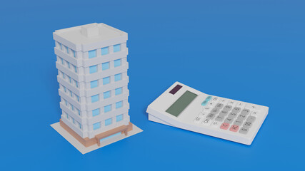 Calculator with a toy apartment placed on a plane.