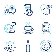 Business icons set. Included icon as Translation service, Augmented reality, Consolidation signs. Beer bottle, Coffee cup, Idea symbols. Train, Seo gear line icons. Line icons set. Vector