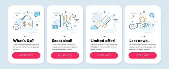 Set of Finance icons, such as Wallet, Contactless payment, Credit card symbols. Mobile screen banners. Loyalty program line icons. Affordability, Bank money, Bank payment. Bonus star. Vector