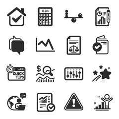 Set of Education icons, such as Dj controller, Calculator, Verification document symbols. Check investment, Legal documents, Checked calculation signs. Messenger, Line chart, Balance. Vector