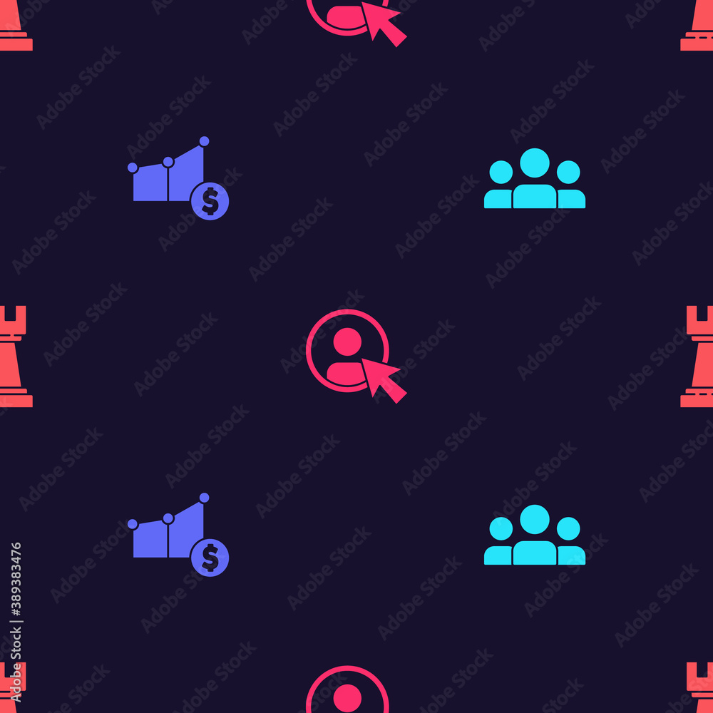 Poster set users group, pie chart and dollar, create account screen and chess on seamless pattern. vector.