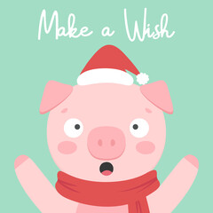 Cute pig card, merry christmas lettering quote. new year card, hand drawn cartoon background. Vector illustration.