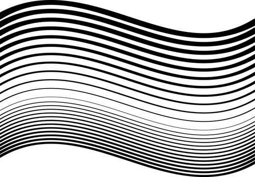 Wavy, waving and undulating, billowy horizontal lines, stripes abstract design element, black and white, monochrome background, pattern and texture