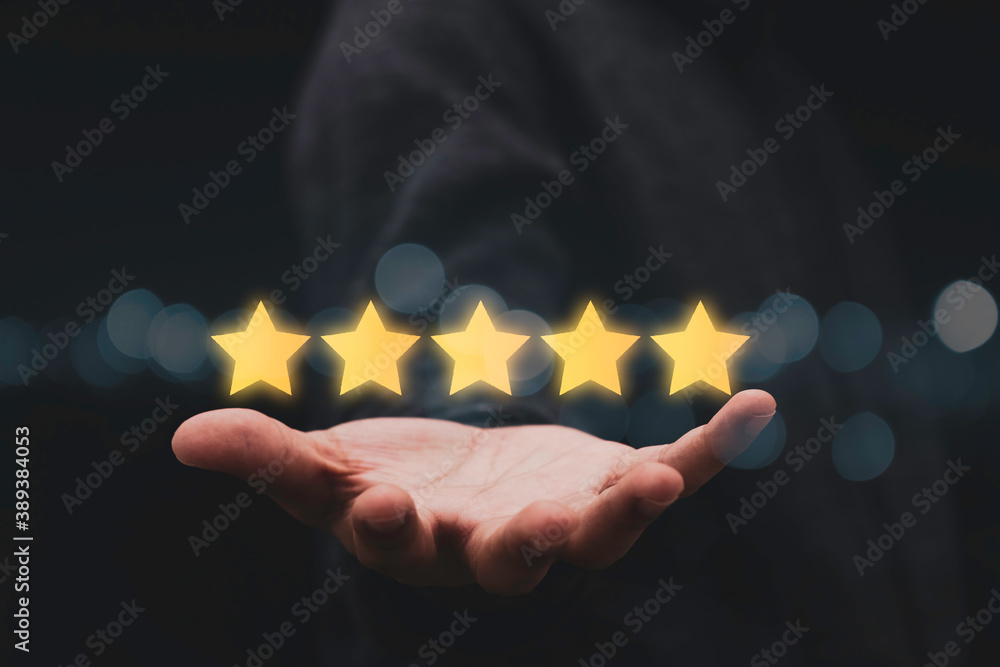 Poster businessman showing five star on hand for customer evaluation result. customer satisfaction for prod