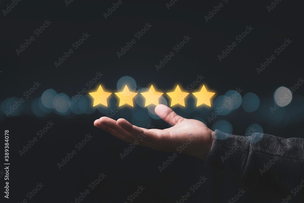 Poster businessman showing five star on hand for customer evaluation result. customer satisfaction for prod