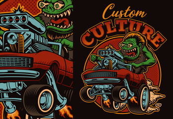 A colorful vector illustration of a cartoon hot rod, this design is perfect as a shirt print.