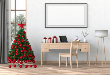 mock up poster frame Christmas interior workspace room. 3d render