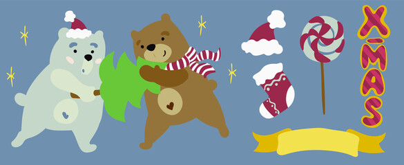 New Year's set brown and polar bears with a Christmas tree. Santa claus hat and sock. 
Merry Christmas