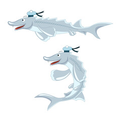 Funny kind cartoon fish sturgeon smiles and wears peakless cap like a sailor, vector isolated collection with straight and half ring fish's body.