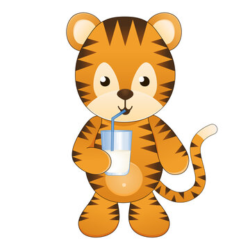 The cute cartoon baby-tiger is drinking milk. It's the vector isolated illustration with the little funny tiger who is sucking milk through a straw. It's a kind picture for children about healthy diet
