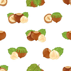 It's the seamless vector background with forest hazelnuts. There are leaves, seeds and nuts of drawn hazelnut in different angles.