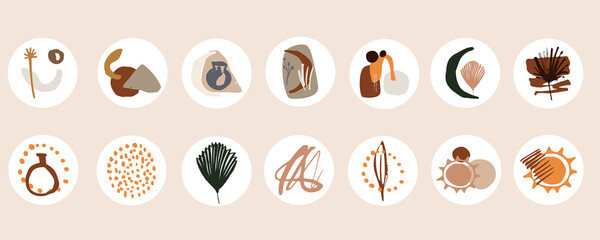 Set of various abstract cover highlights for social networks. Round modern icons. Bohemian design. Vector set of decorative elements in the boho style. Vases, plants, spots in warm shades
