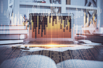 Multi exposure of forex graph and work space with computer. Concept of international online trading.