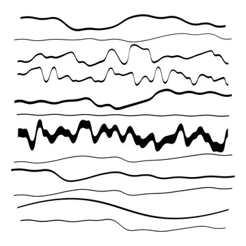 Irregular, random Wiggling, Squiggle waving, wavy lines, stripe set. Lines with billow, undulate deformation, distortion