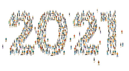 Large and diverse group of people gathered together in the shape of 2021. Flat design vector concept.