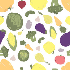 Seamless pattern from a set of vegetables in a cartoon style. Vector image. On white background