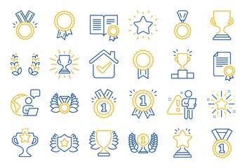 Fototapeta premium Award line icons. Set of Winner medal, Victory cup and Laurel wreath award icons. Reward, Certificate and Diploma message. Glory shield, Prize winner, rank star, diploma certificate. Vector