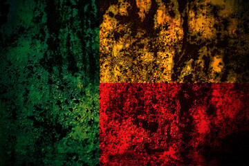Benin, Beninese flag on grunge metal background texture with scratches and cracks