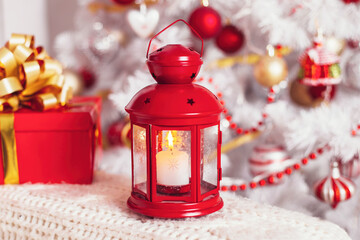 Сhristmas and New Year home decoration in white and red colors