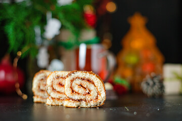 christmas sweet pastry roll biscuit home baked cake dessert festive table setting holidays party new year gift tasty serving size portion top view copy space food background rustic
