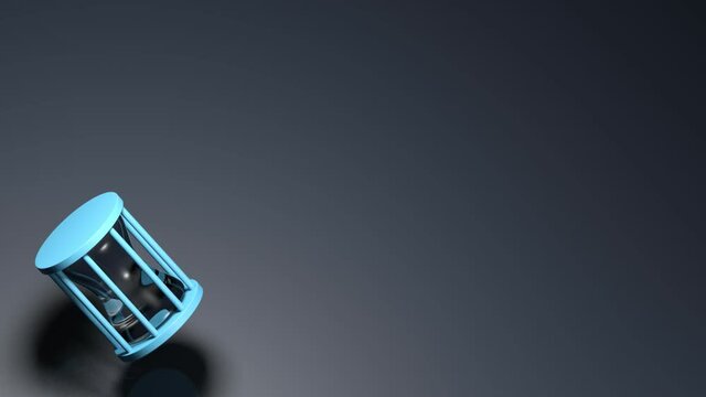 A blue hourglass is rotating in the air over a blue backround, at the left bottom corner of the screen - 3D rendering illustration