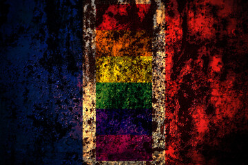 France Gay flag flag on grunge metal background texture with scratches and cracks