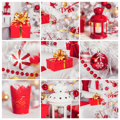 Christmas and New Year holiday decorated room collage, tree with gifts, candles and toys
