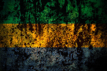 Gabon, Gabonese, Gabonian flag on grunge metal background texture with scratches and cracks