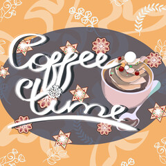 Orange holiday pattern card with inscription 'Coffee time' and cup with cookies