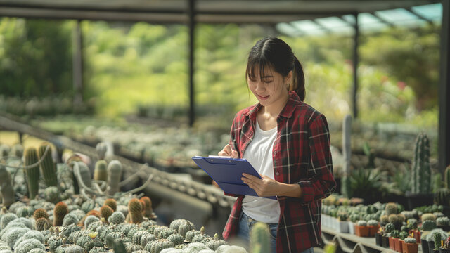 Asian women collecting data Cactus from seed on the farm Holding a file and a pen in hand Farming in Thailand, focusing on the face
