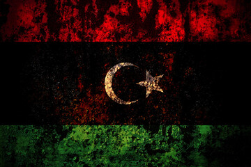Libya, Libyan flag on grunge metal background texture with scratches and cracks