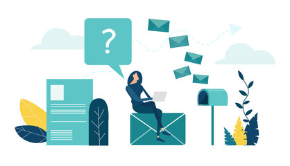 Young woman sits at mailbox and receiving the news, letters, documents. Data collection, communication, sharing information concept. 