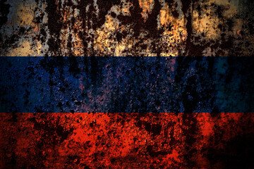 Russia, Russian flag on grunge metal background texture with scratches and cracks