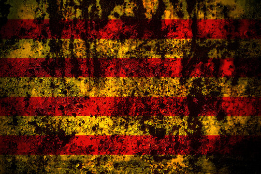 Spain, Spanish, Catalonia, Senyera flag on grunge metal background texture with scratches and cracks