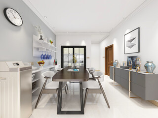 Clean and tidy dining room has wooden table and chair, very neat and clean