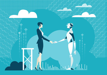 Robots vs humans. People communicating and developing robots. Robots helping people to solve problems, back up, nano technology, new era. Business concept illustration
