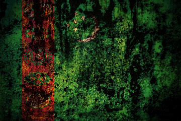 Turkmenistan flag on grunge metal background texture with scratches and cracks