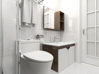 The bathroom is clean and tidy with bath room, dressing table, etc