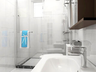 The bathroom is clean and tidy with bath room, dressing table, etc