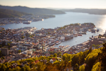 View on Bergen Norway. Tilt shift lens. Bergen is a city and municipality in Hordaland on the west coast of Norway. Bergen is the second-largest city in Norway.