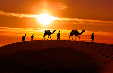 Fototapeta na wymiar Cameleers, camel Drivers at sunset. Thar desert on sunset Jaisalmer, Rajasthan, India.