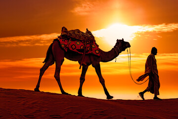 Cameleers, camel Drivers at sunset. Thar desert on sunset Jaisalmer, Rajasthan, India.