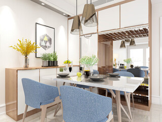 Clean and tidy dining room has wooden table and chair, very neat and clean