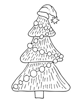 recommend clip art: Black outline christmas tree in Santa hat isolated on white background. Winter holidays rustic decor. Doodles vector illustration for cards, home decor and print design.
