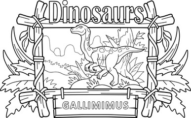 cartoon dinosaur gallimimus, coloring book, funny illustration