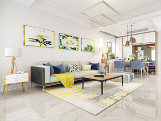 There are cloth sofa and table in the clean living room