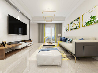 There are cloth sofa and table in the clean living room