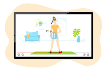 Online sport and fitness coronavirus isolation online trainer. Woman showing how to do exercises. Fitness trainer online concept cartoon vector illustration. 