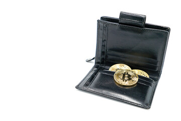 Golden bitcoins in open leather wallet - Future Currency - fincance concept - free white space